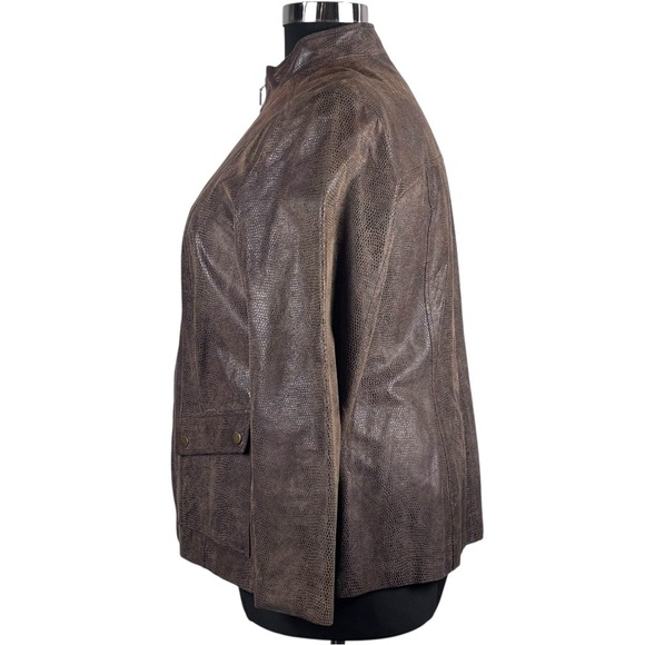 ALFANI BROWN SNAKESKIN LEATHER MOCK NECK ZIP UP JACKET - Picture 6 of 14